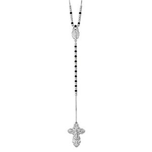 Sterling Silver   Black Glass Rosary Bead Necklace  with Miraculous Medal