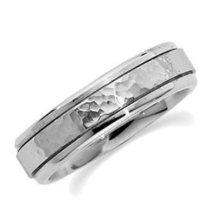14k White Gold 6mm Fancy Wedding Band with Hammer Finish