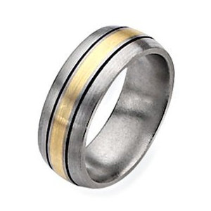 Titanium 14k Gold Inlay 8mm Brushed and Antiqued Wedding Band