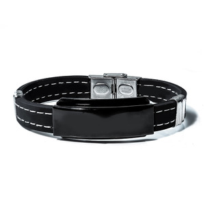 Engraved Black Stainless Steel ID Bracelet with Black Rubber Stitched Band
