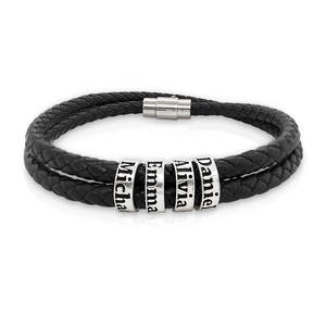 Black Leather Bracelet with Personalized Beads