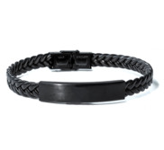 Engraved Black Stainless Steel ID Bracelet with Black Leather Rope Band