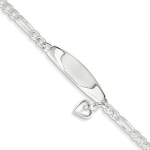 Sterling Silver Figaro Link ID Bracelet w  Heart Charm