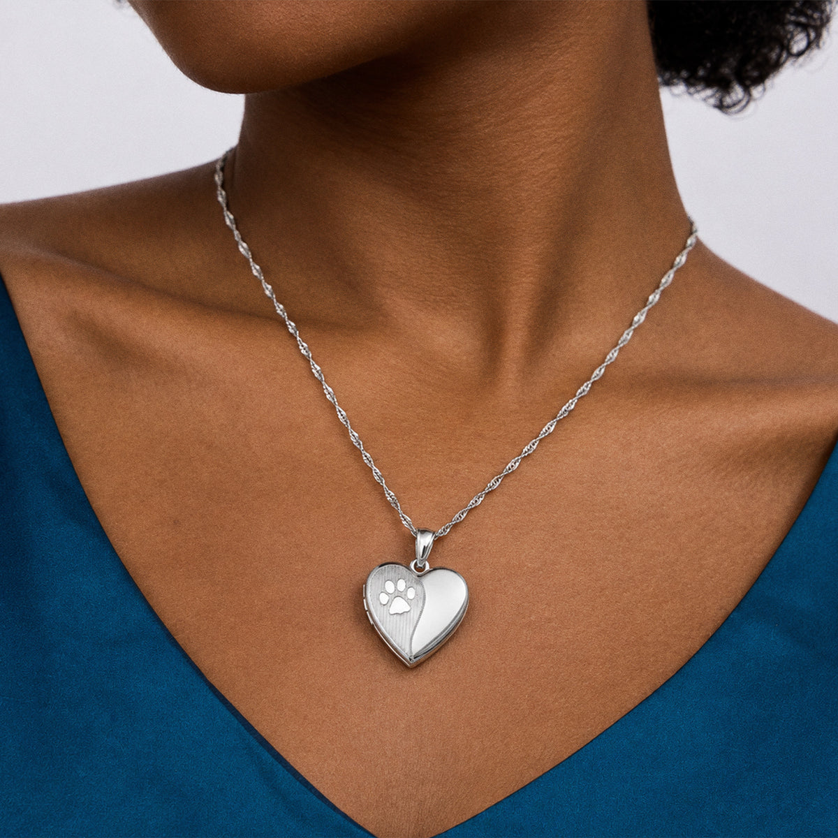 Polish and Satin Paw Print Heart Photo Locket - on model