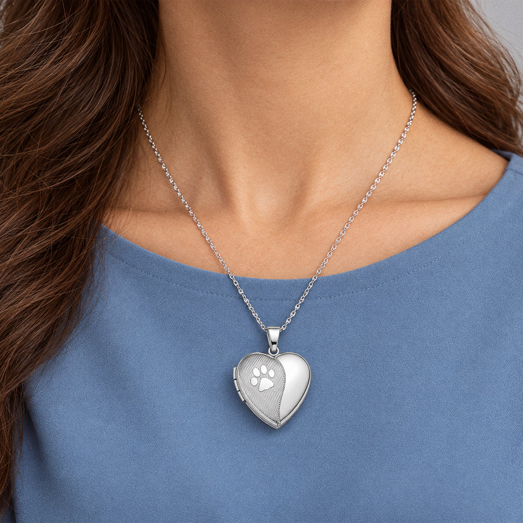 Polish and Satin Paw Print Heart Photo Locket - on model