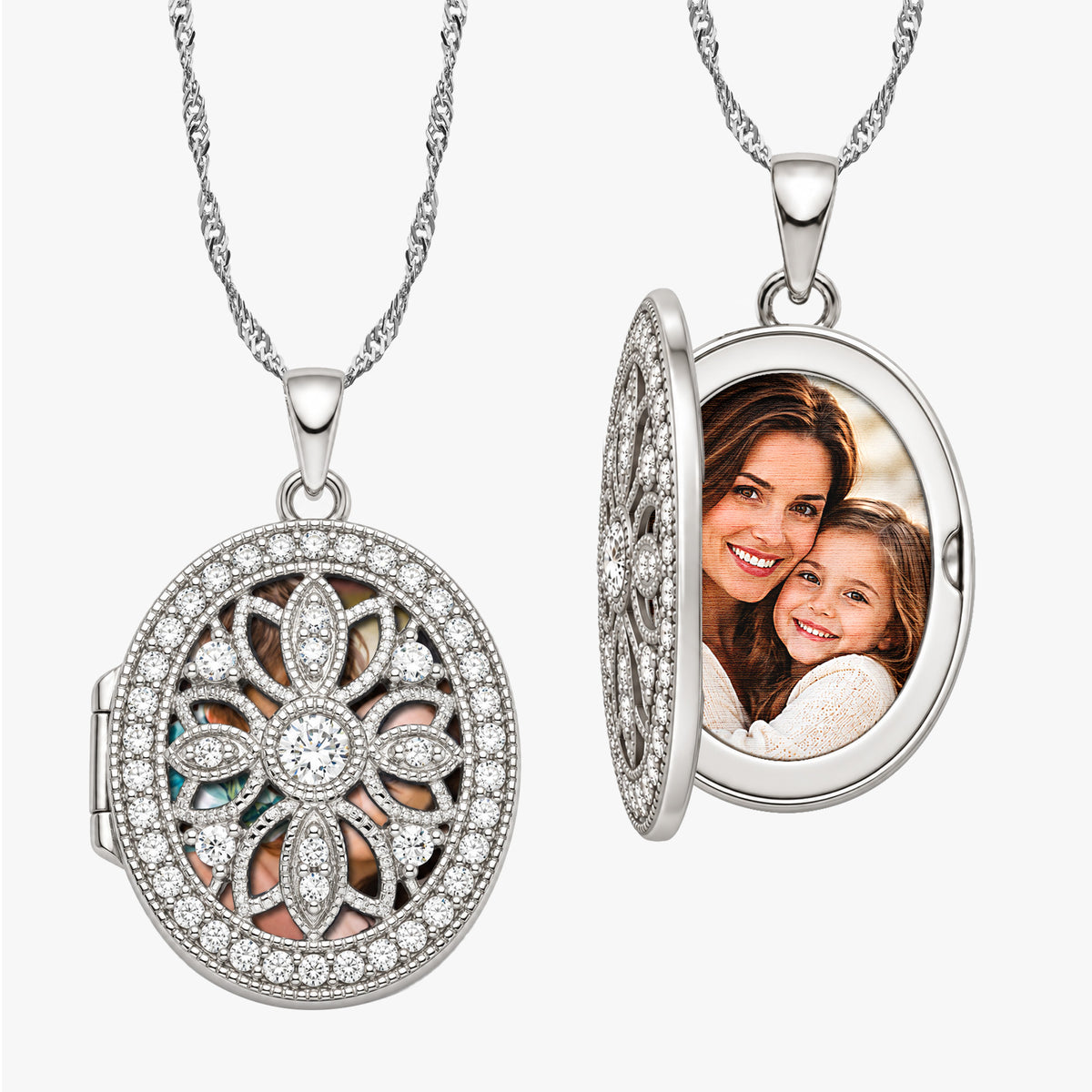 Pierced Oval Photo Locket with Cubic Zirconia