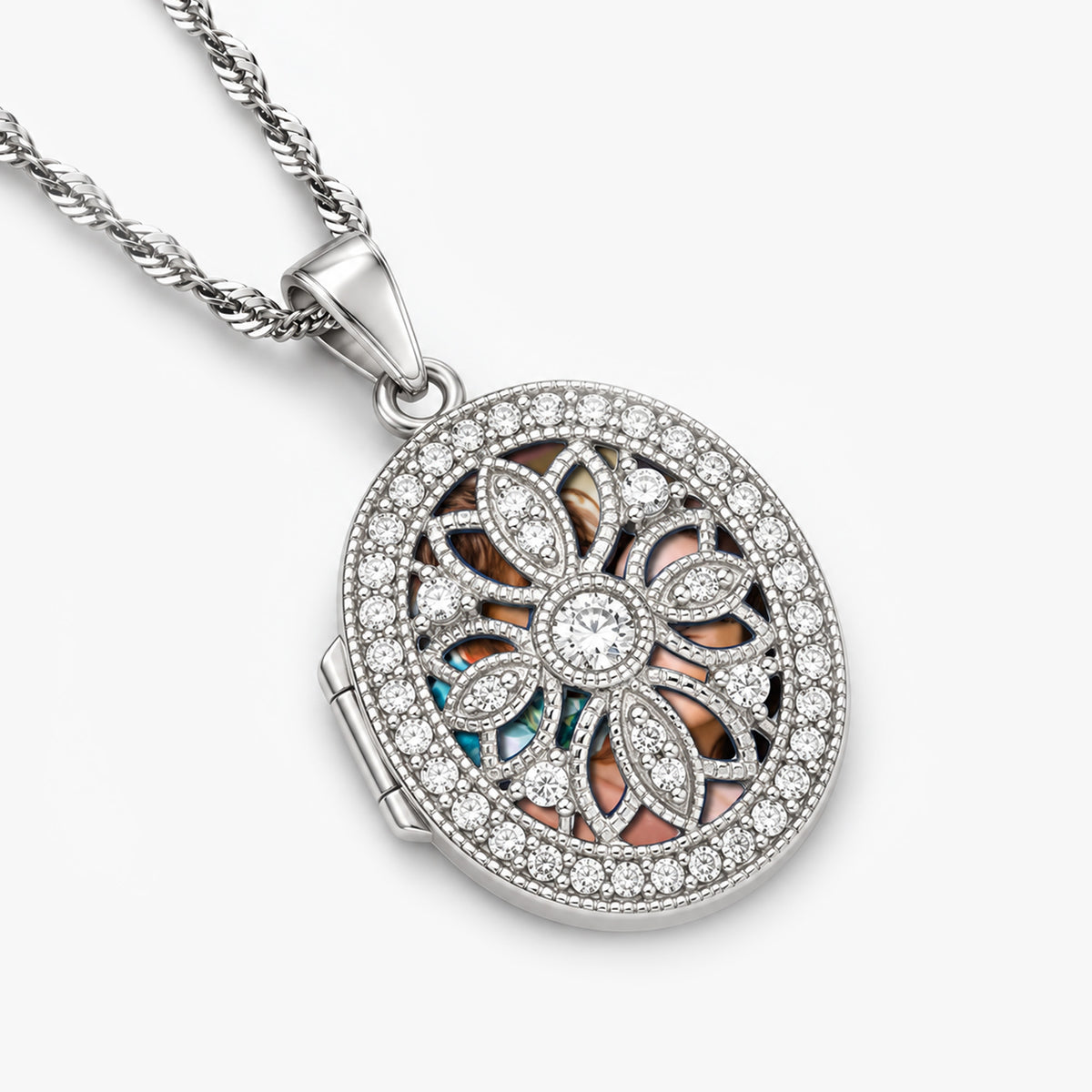 Pierced Oval Photo Locket with Cubic Zirconia