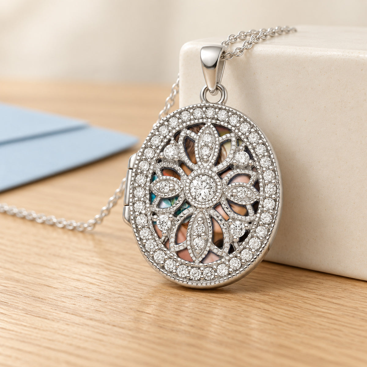 Pierced Oval Photo Locket with Cubic Zirconia - lifestyle