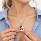 Pierced Oval Photo Locket with Cubic Zirconia - on model