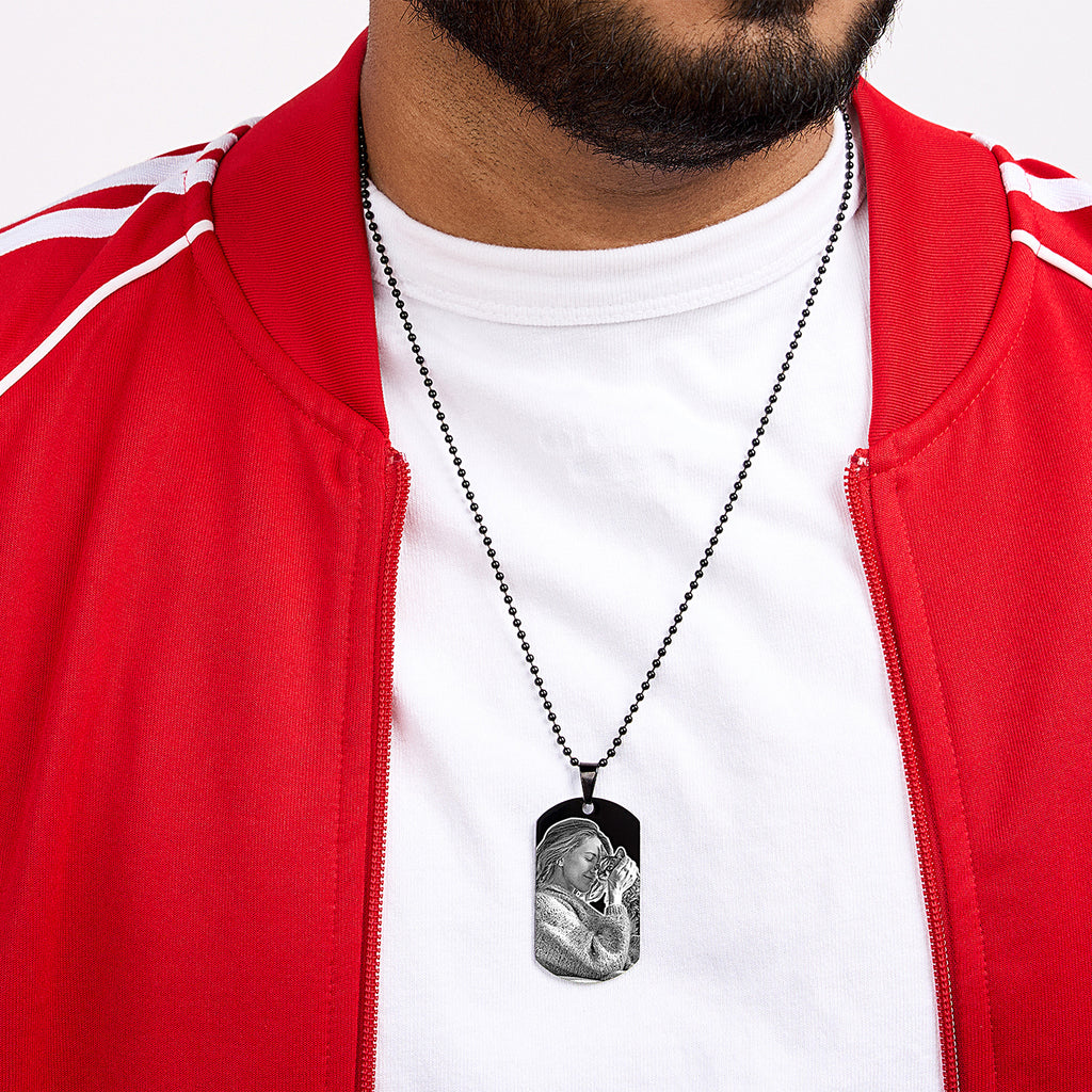 Black Stainless Steel Laser Photo Dog Tag - on model