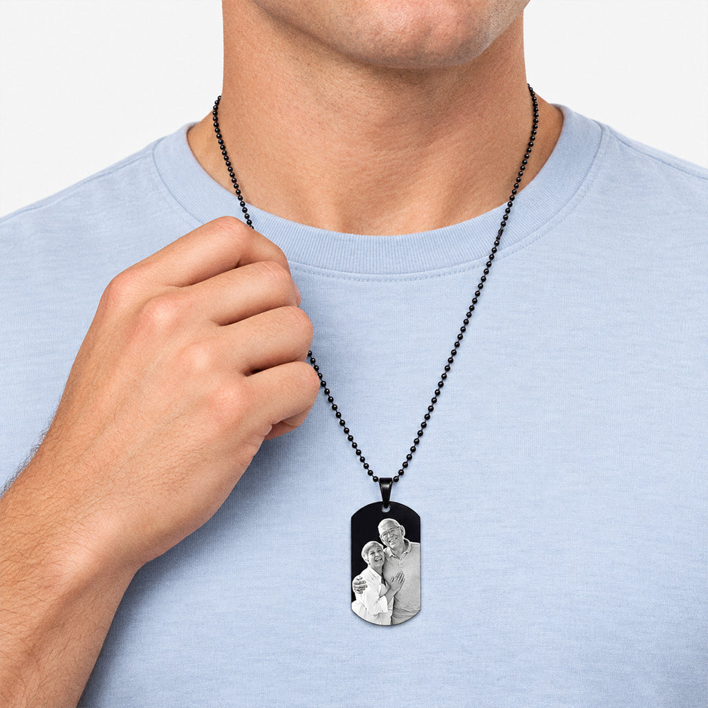 Black Stainless Steel Laser Photo Dog Tag - on model
