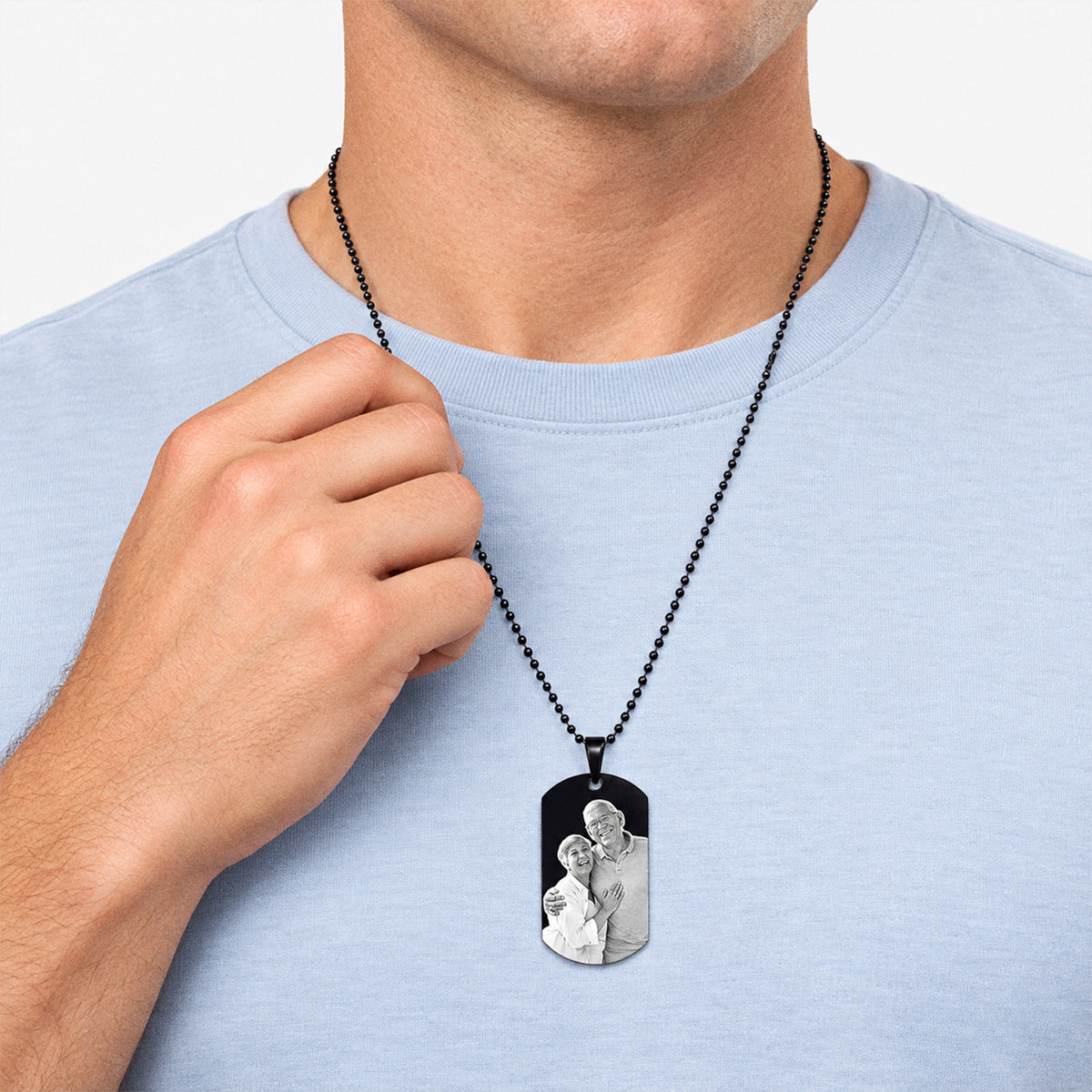 Black Stainless Steel Laser Photo Dog Tag - on model