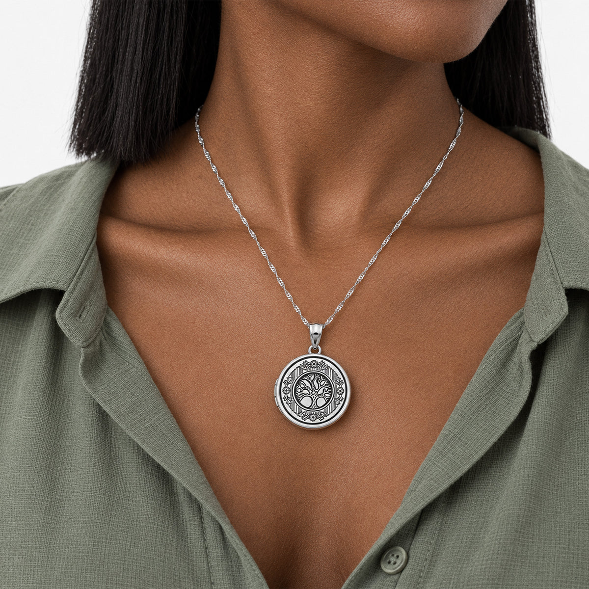 Tree of Life Round Photo Locket - on model