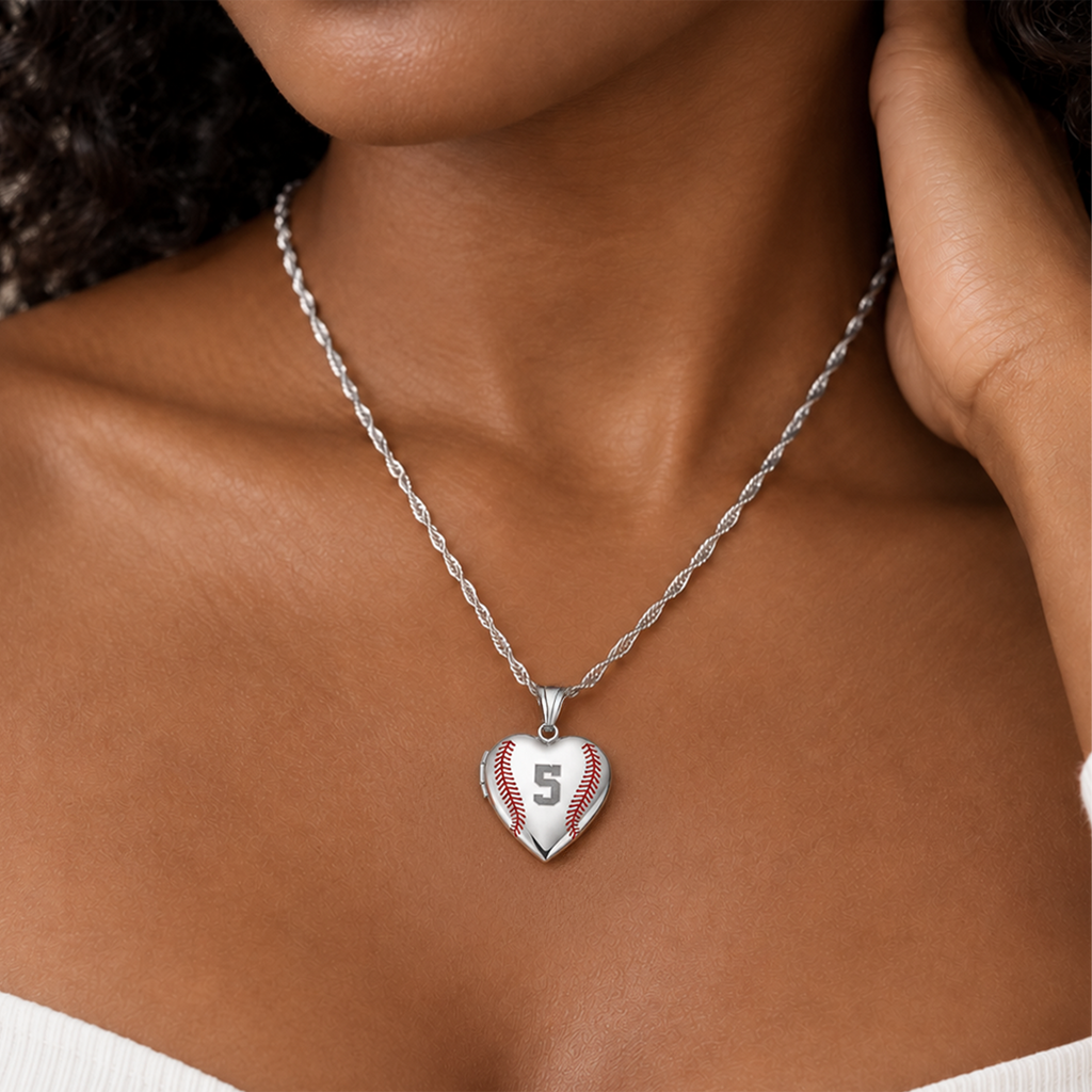 Personalized Baseball Stitch Heart Photo Locket - on model