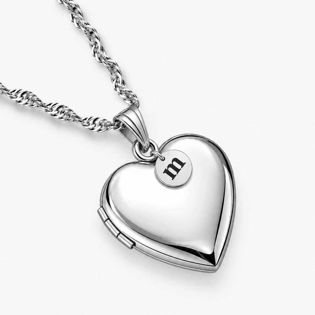 Sterling Silver Heart Photo Locket with Personalized Initial Charm