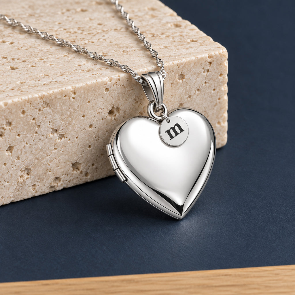 Sterling Silver Heart Photo Locket with Personalized Initial Charm - lifestyle