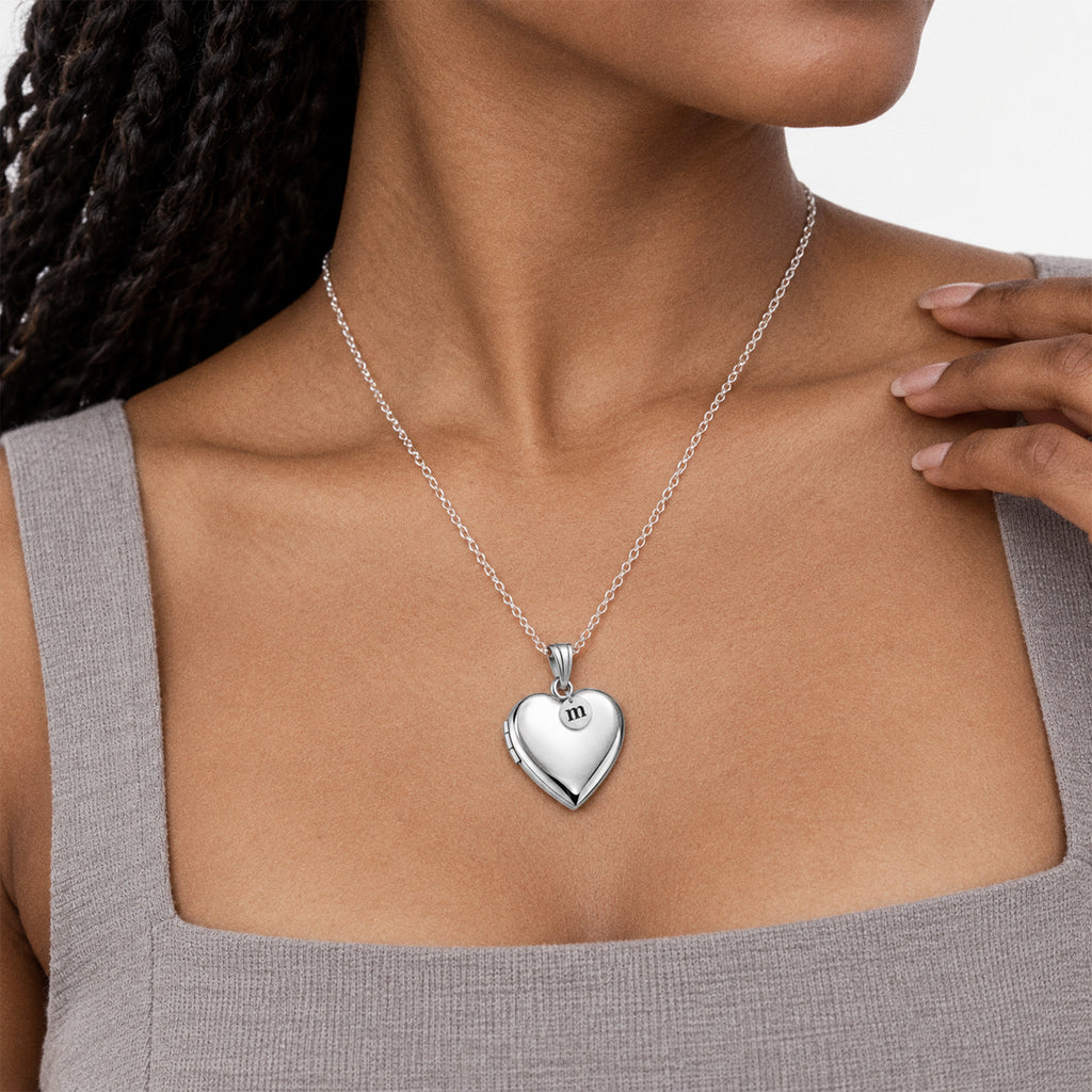 Sterling Silver Heart Photo Locket with Personalized Initial Charm - on model