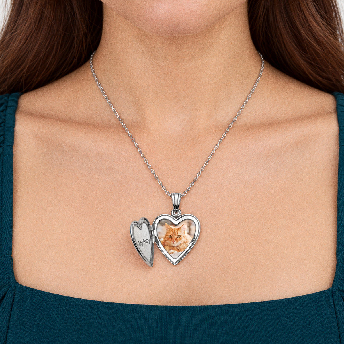 Sterling Silver Heart Photo Locket with Personalized Initial Charm - on model