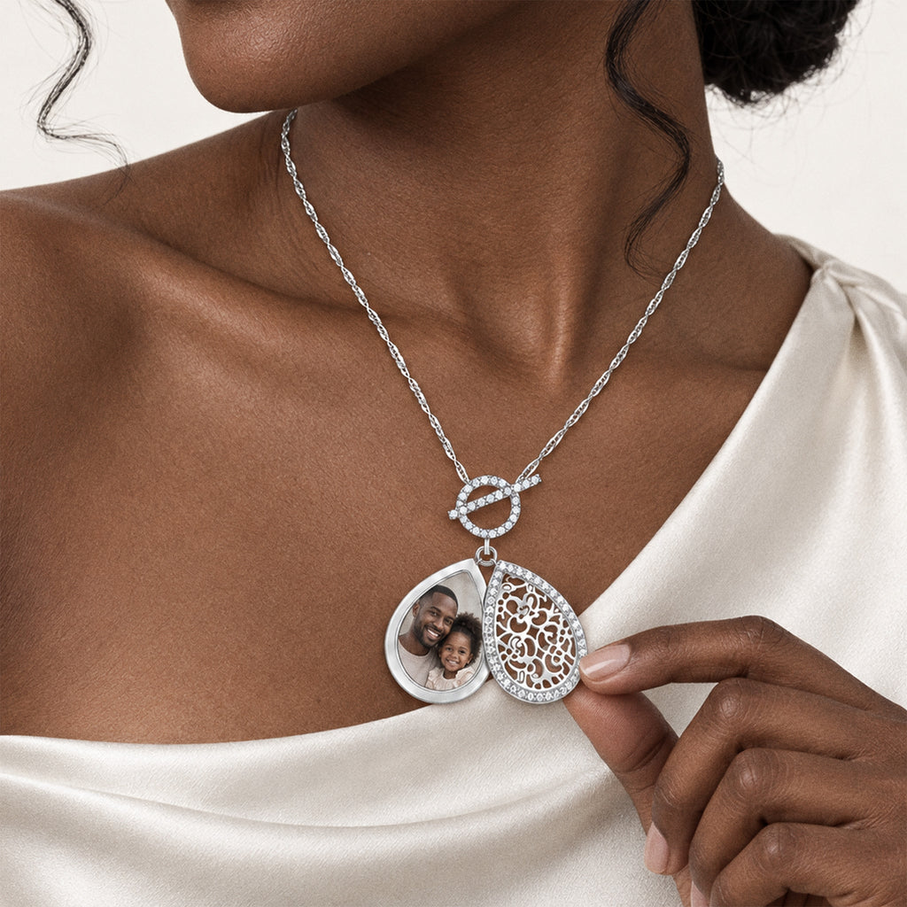 Ornate Teardrop Swivel Locket with Chain Included - on model