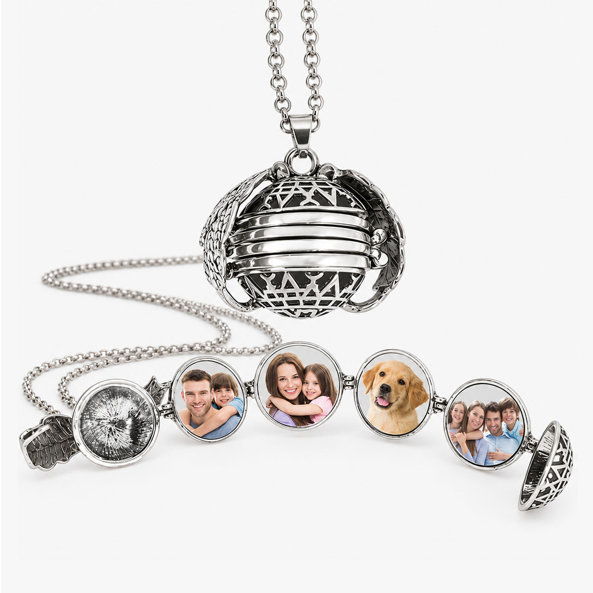 Antiqued Expandable 4 Photo Ball Locket with Chain