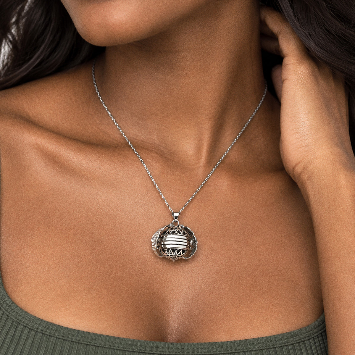 Antiqued Expandable 4 Photo Ball Locket with Chain - on model