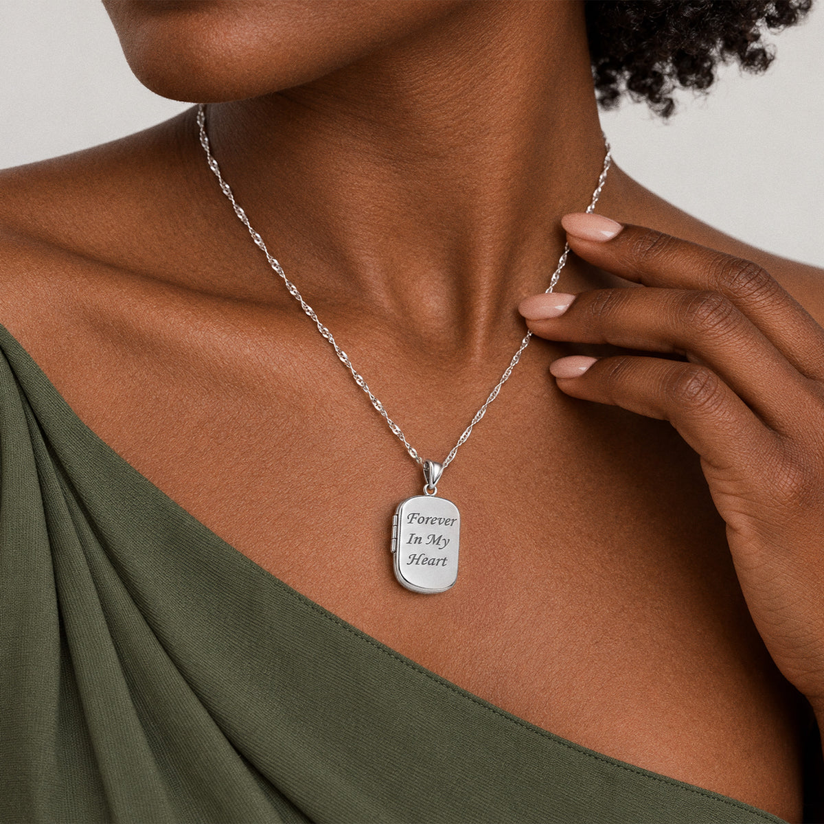Forever In My Heart Dog Tag Photo Locket - on model
