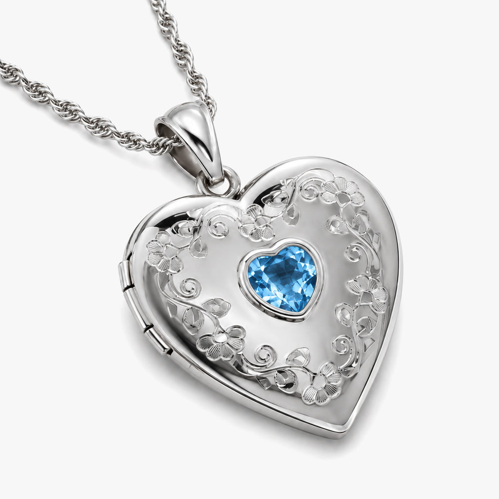 Floral Border with Birthstone Heart Photo Locket