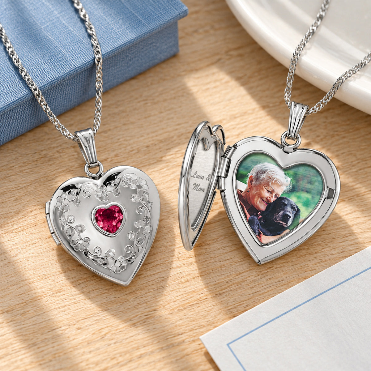 Floral Border with Birthstone Heart Photo Locket - lifestyle