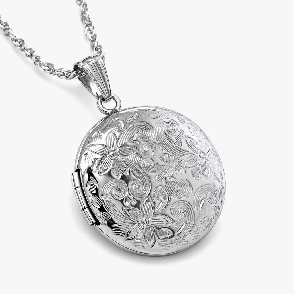Round Floral Photo Locket with 18" Chain