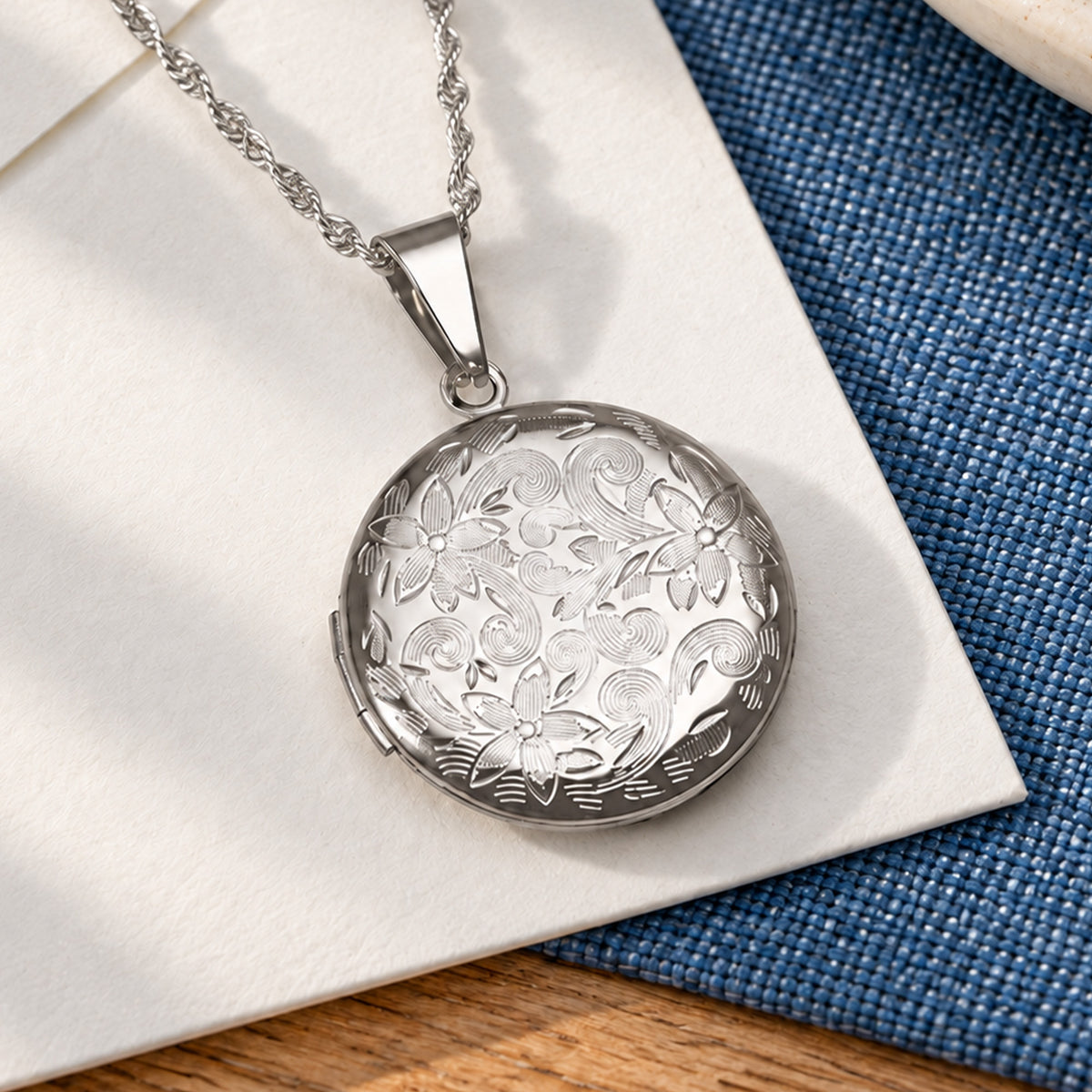 Round Floral Photo Locket with 18" Chain - lifestyle