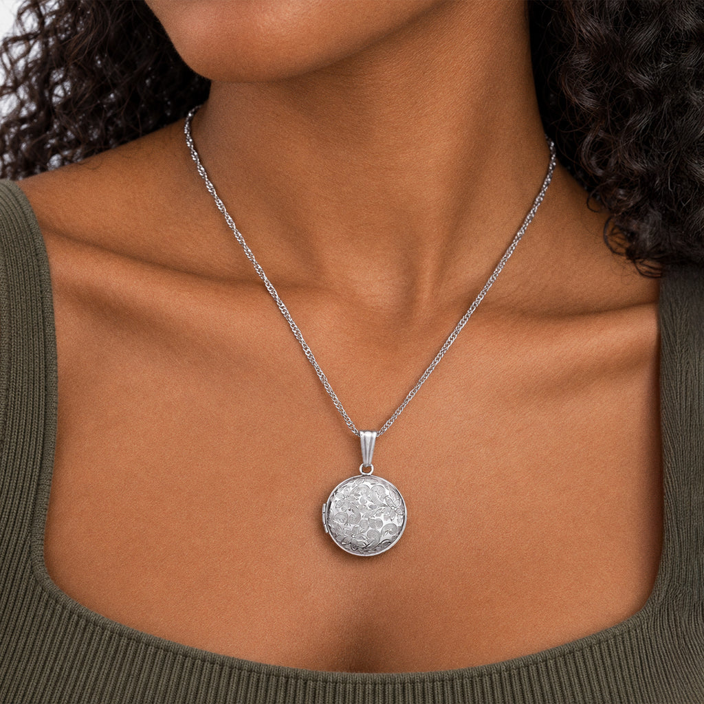 Round Floral Photo Locket with 18" Chain - on model