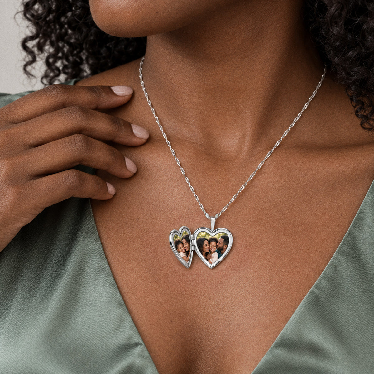 Rose Cameo Heart Photo Locket - on model