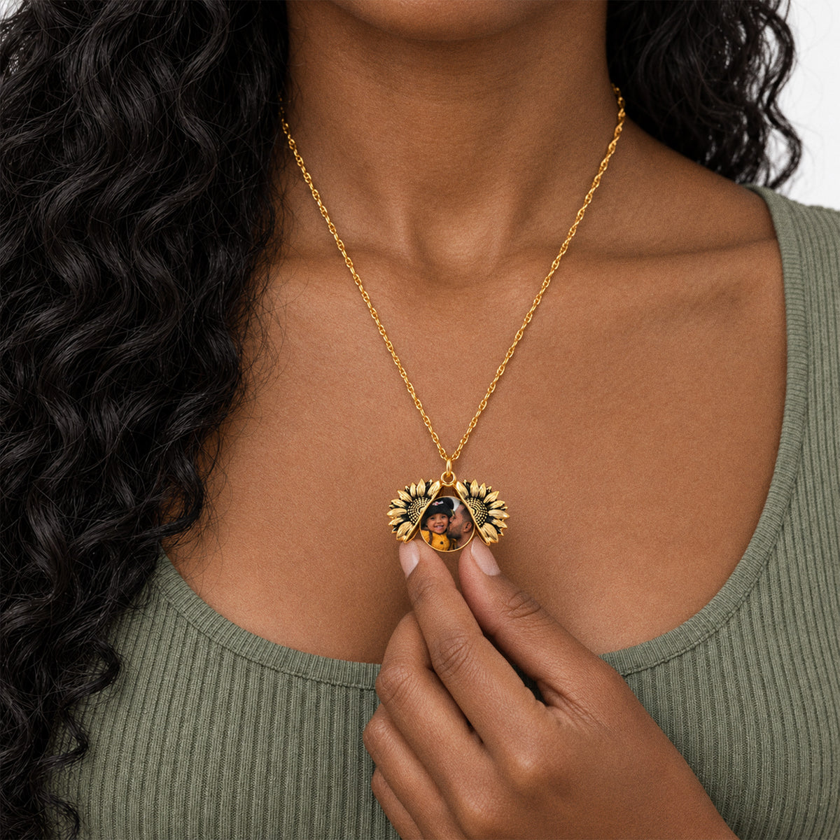 Exclusive Sunflower Photo Locket & Chain - on model