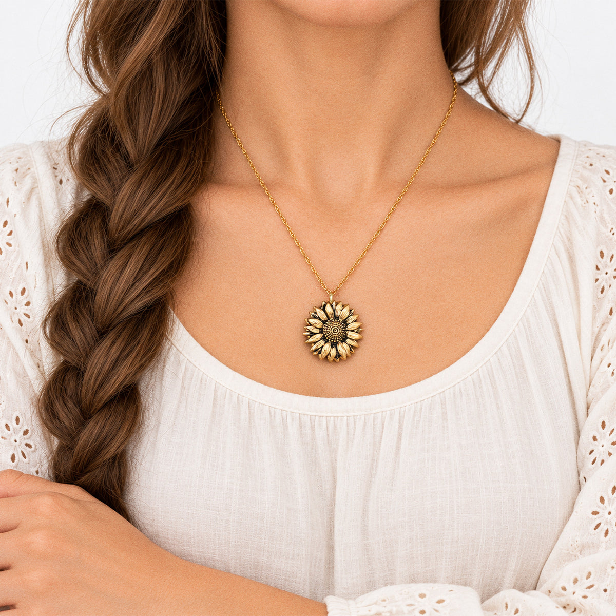 Exclusive Sunflower Photo Locket & Chain - on model