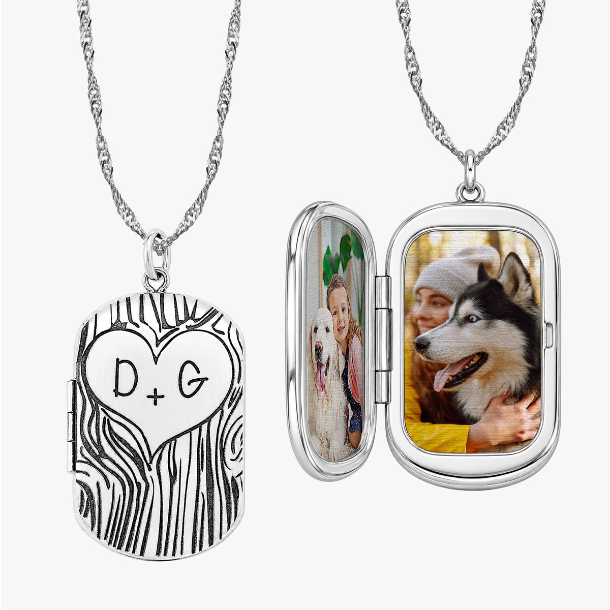 Dog Tag Couples Tree Carving Photo Locket