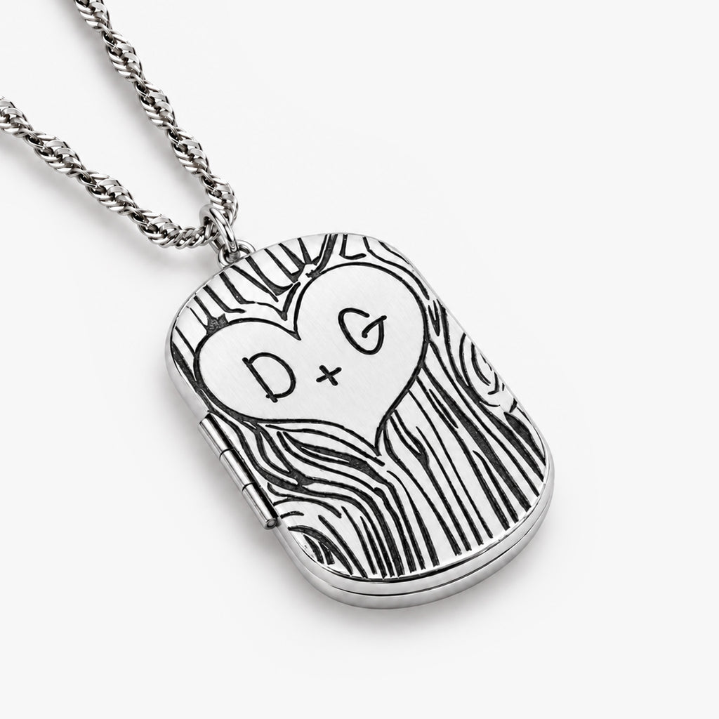 Dog Tag Couples Tree Carving Photo Locket