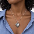 Couples Tree Carving Heart Photo Locket - on model