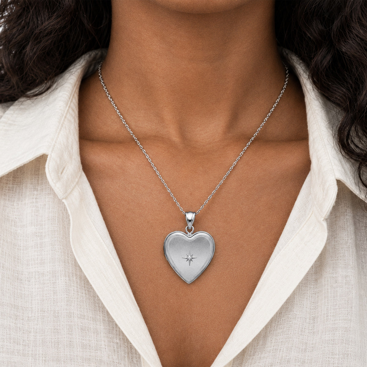 Silver Diamond Heart Photo Locket - on model