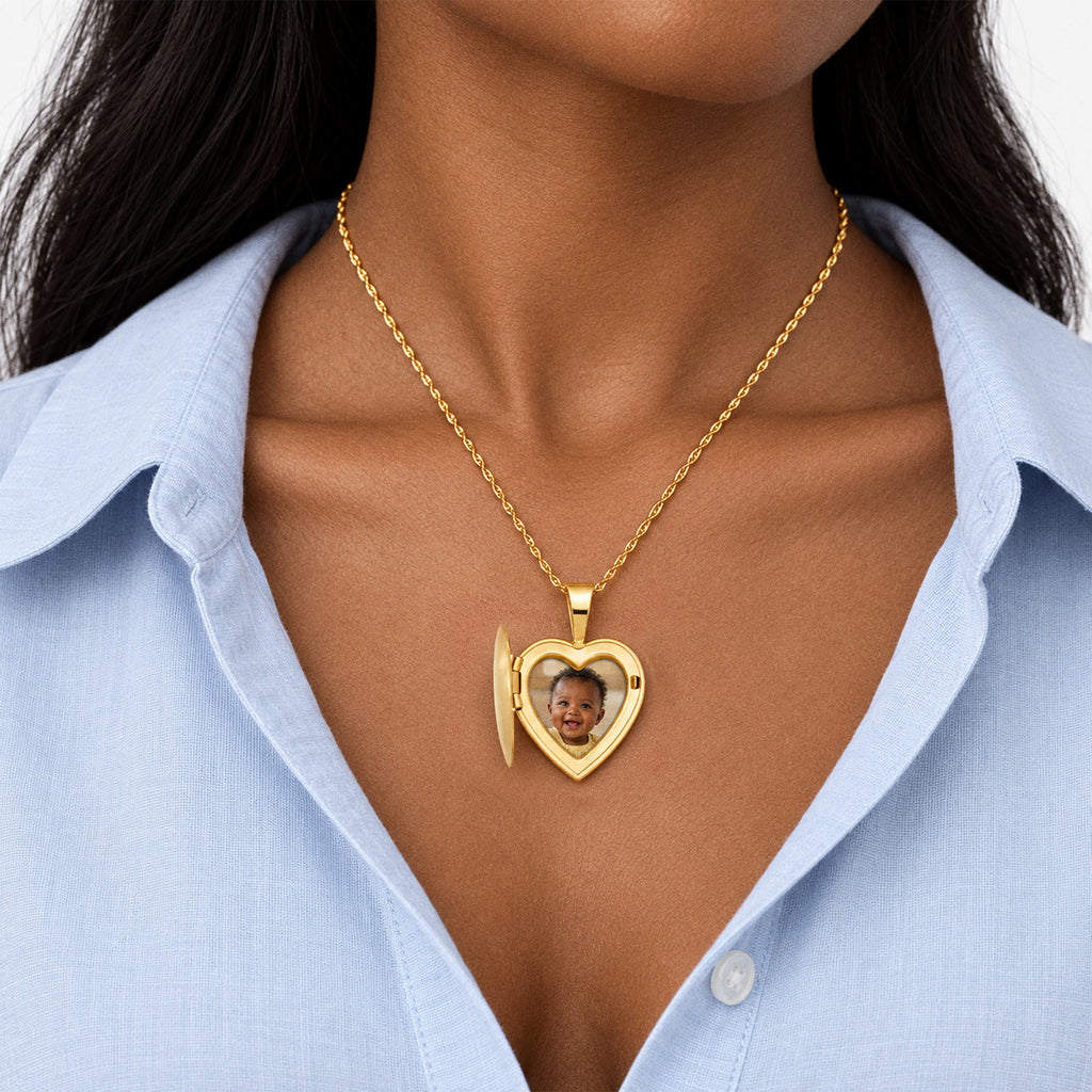 Solid 14K Yellow Gold Petite Heart Photo Locket - on model