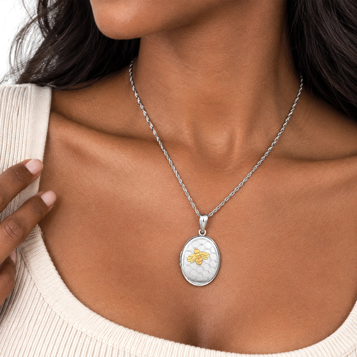 Two Tone Bee Oval Photo Locket - on model