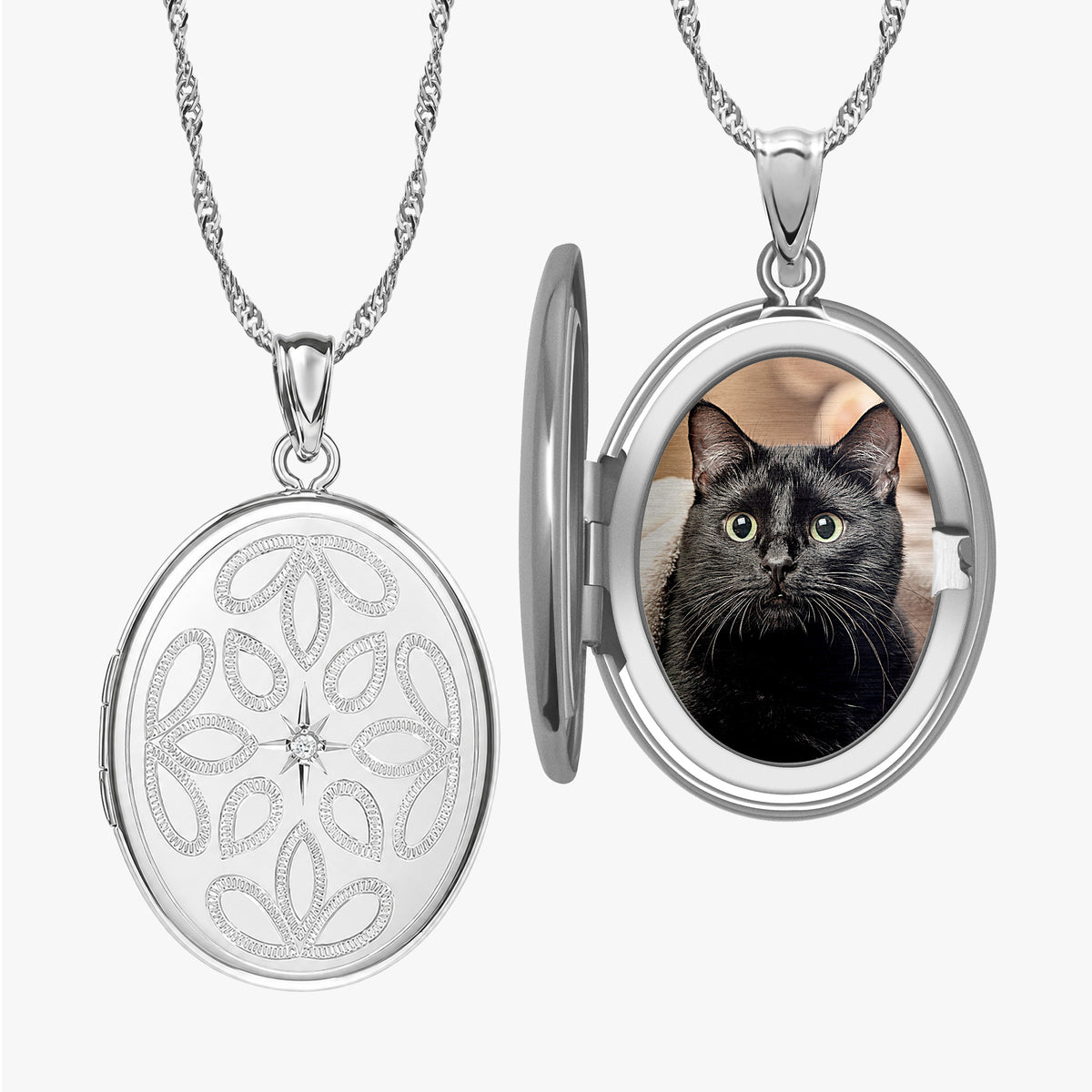 Floral Oval Photo Locket With Cubic Zirconia