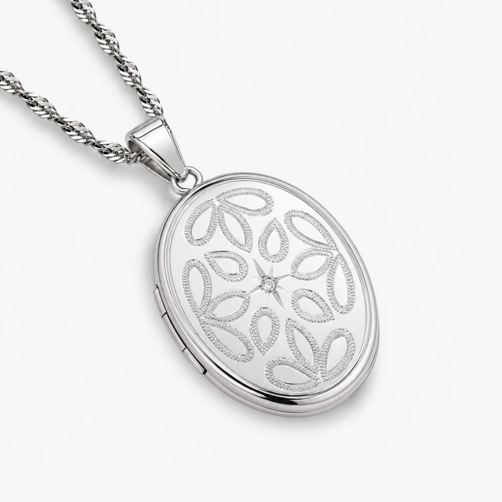 Floral Oval Photo Locket with Cubic Zirconia