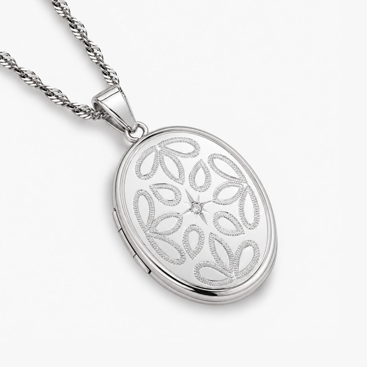 Floral Oval Photo Locket with Cubic Zirconia