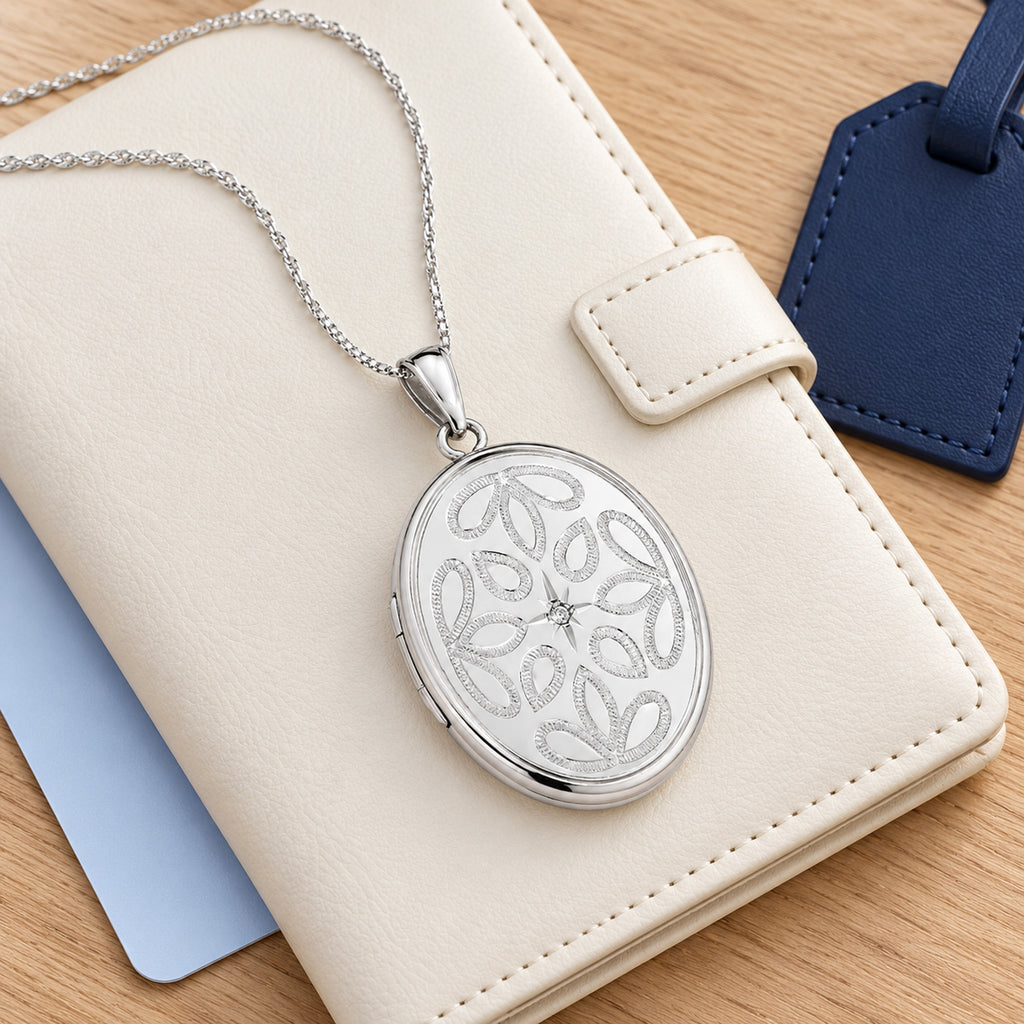 Floral Oval Photo Locket with Cubic Zirconia - lifestyle
