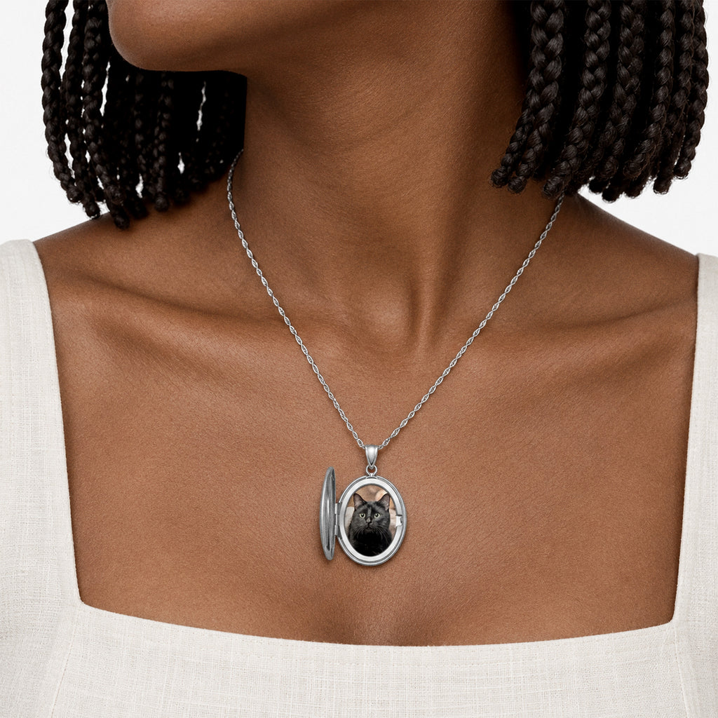 Floral Oval Photo Locket with Cubic Zirconia - on model