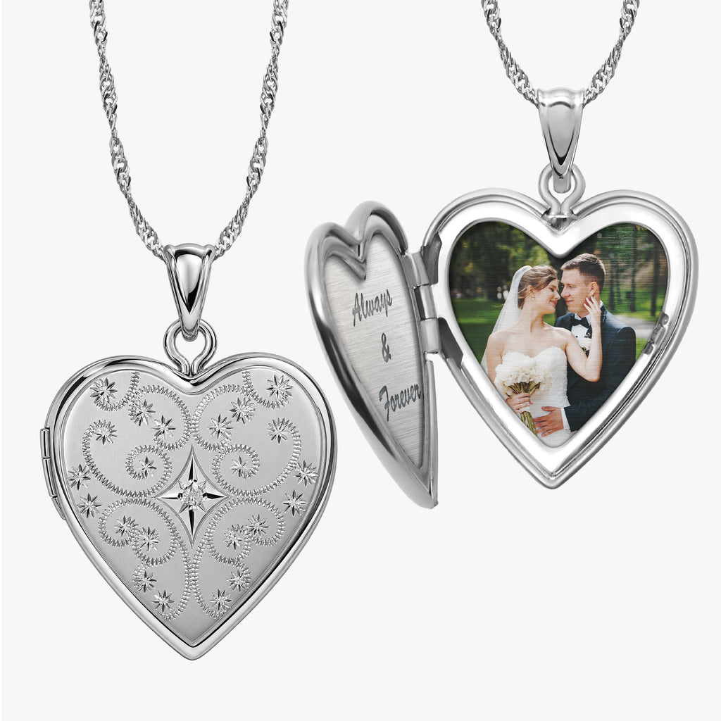 Floral Heart Photo Locket with Cubic Zirconia