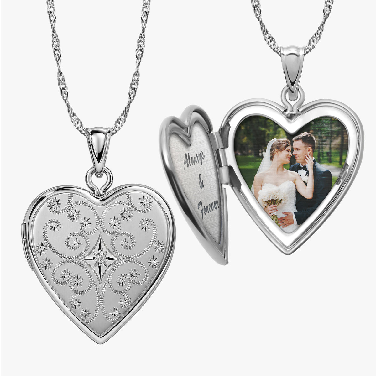 Floral Heart Photo Locket with Cubic Zirconia