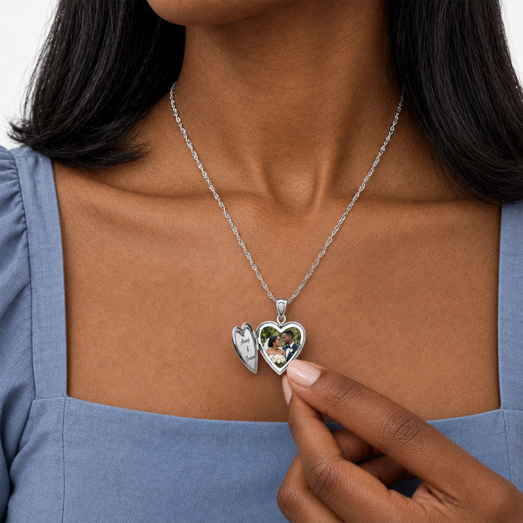 Floral Heart Photo Locket with Cubic Zirconia - on model