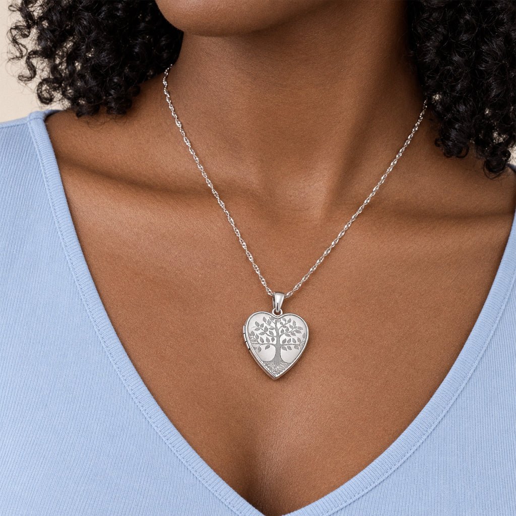 Tree of Life Heart Photo Locket - on model