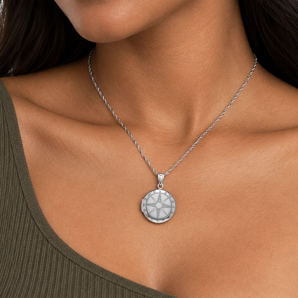 Nautical Compass Round Photo Locket - on model